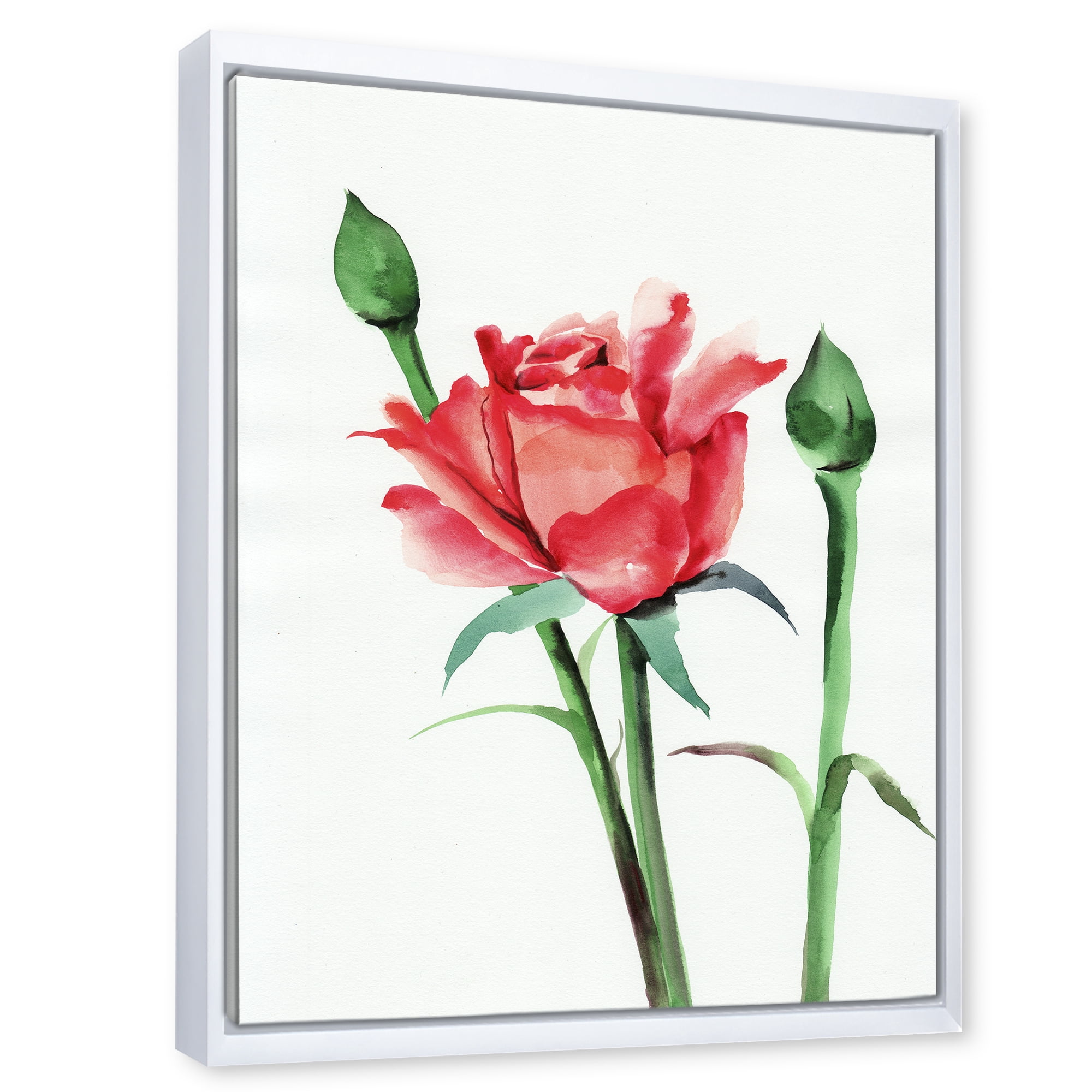 Buds With Red Rose 24 in x 32 in Framed Painting Canvas Art Print, by Designart