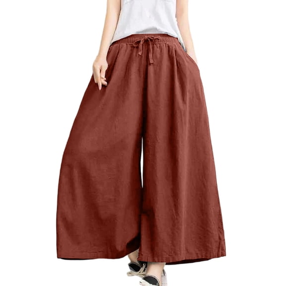 Womens Ice Silky Wide Leg Palazzo Pants High Waisted Casual Flowy Gaucho Pants Red Free Size