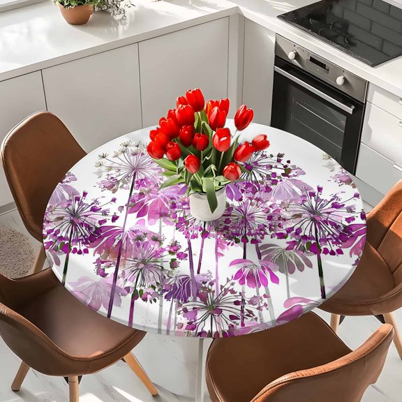 Spring Floral Botanical Elastic Fitted Round Tablecloth Watercolor Purple Flowers Country Waterproof Outdoor Table Cover for Holiday Party, Picnic, Patio & Dining Fits Tables Up to 55"-60"