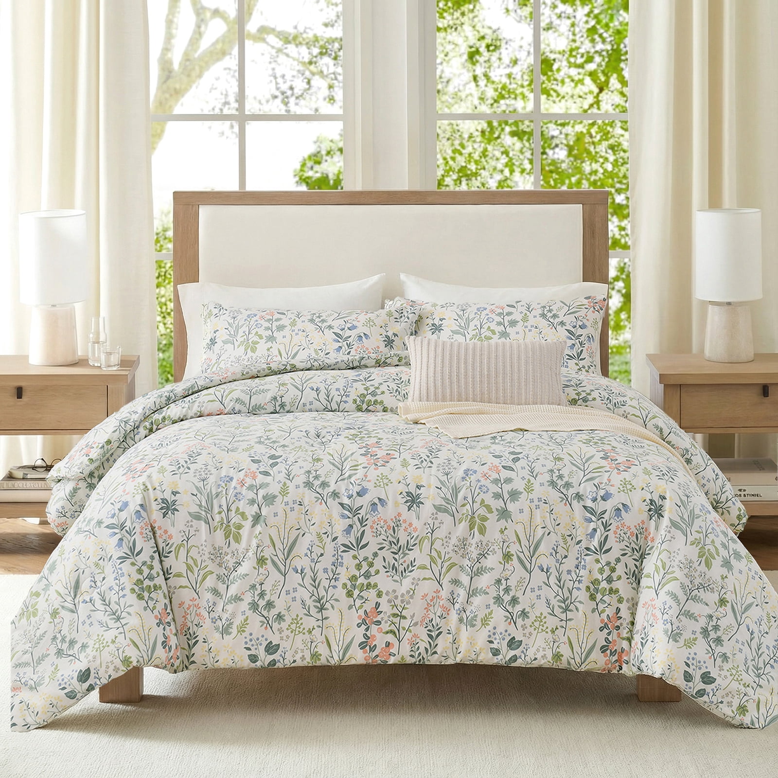 Move Over Floral Duvet Cover Set Queen 100% Cotton Green and Pink Floral Bedding Set 3 Pieces Soft and Breathable Green Branches Floral Comforter Cover Set No Filling