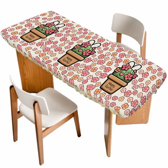 Easter Table Cloths for 8 Foot Rectangle Tables, Bunny Ears Spring Pink Flowers Potted Plant Rustic Patio Waterproof Elastic Fitted Tablecloths, Washable Rectangular Table Cover for Camping