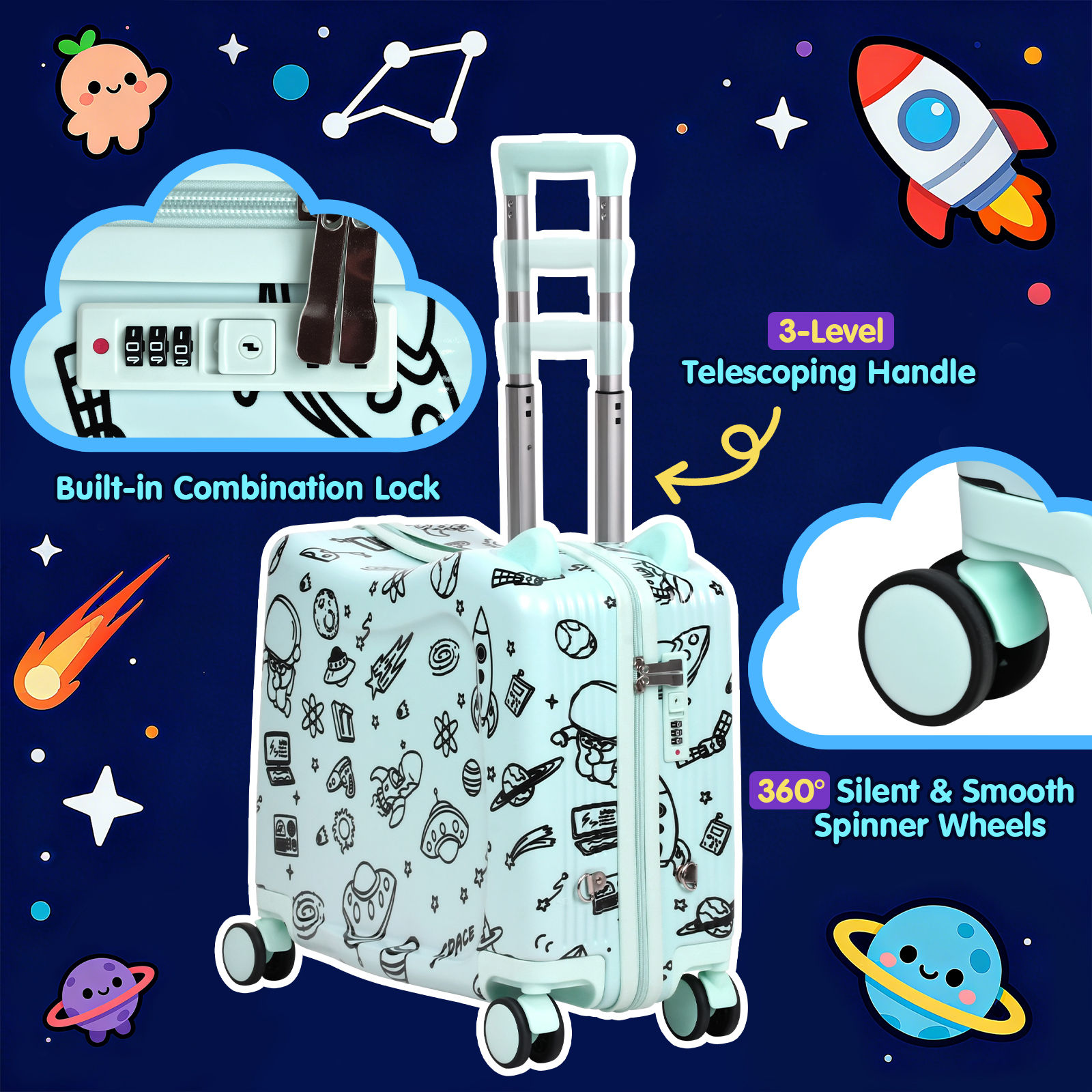 Advwin 20" Ride On Suitcase for Kids, Fun DIY Coloring Carry-On Luggage with 24 Waterproof Markers, Pull Strap & Spinner Wheels, Hardshell Rideable Travel Luggage for Children, Mint Green