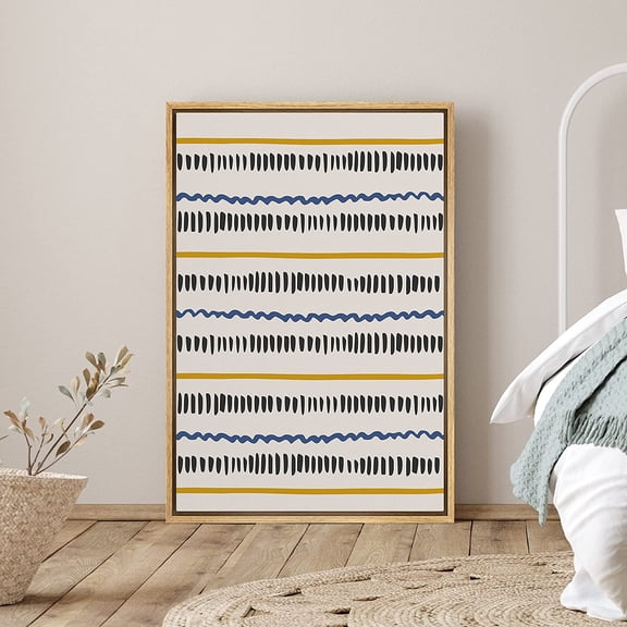 PixonSign Framed Canvas Print Wall Art Symmetrical Yellow Lines and Stripes Abstract Shapes Illustrations Expressionism Contemporary Edgy Multicolor for Living Room, Bedroom, Office - 24"x36" Natural