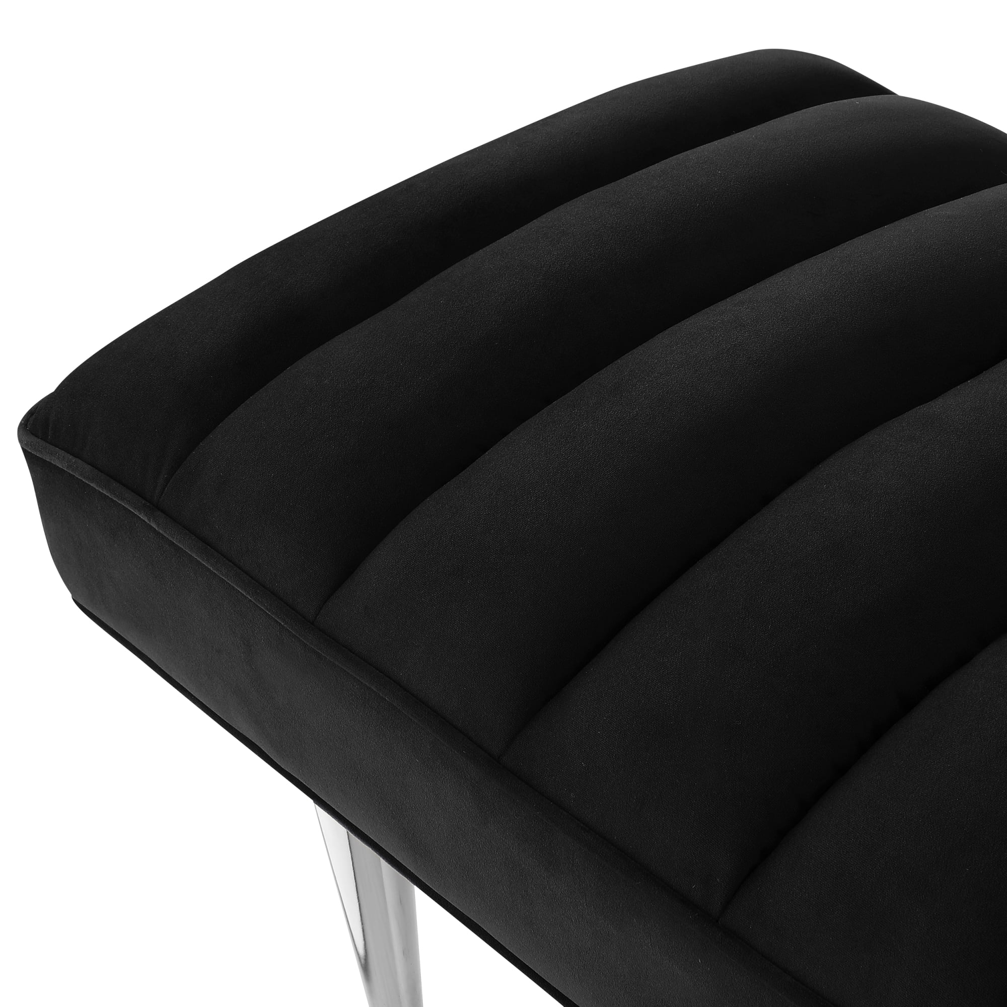 Bodie Black/Chrome Velvet Bench - Upholstered, Channel Tufted, Tapered Mirrorred Lacquer Finish Stainless Steel Legs