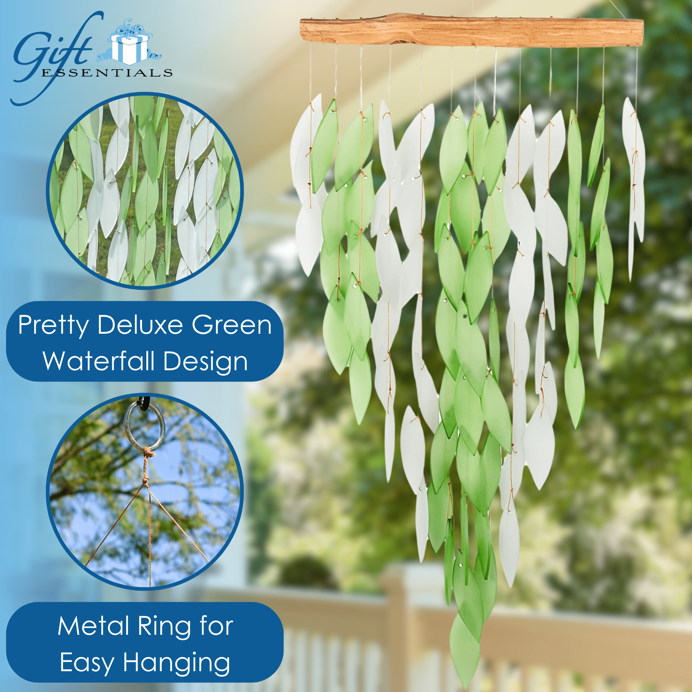 Blue Handworks Glass Wind Chime Deluxe Green Waterfall Wind Chimes Garden Decor