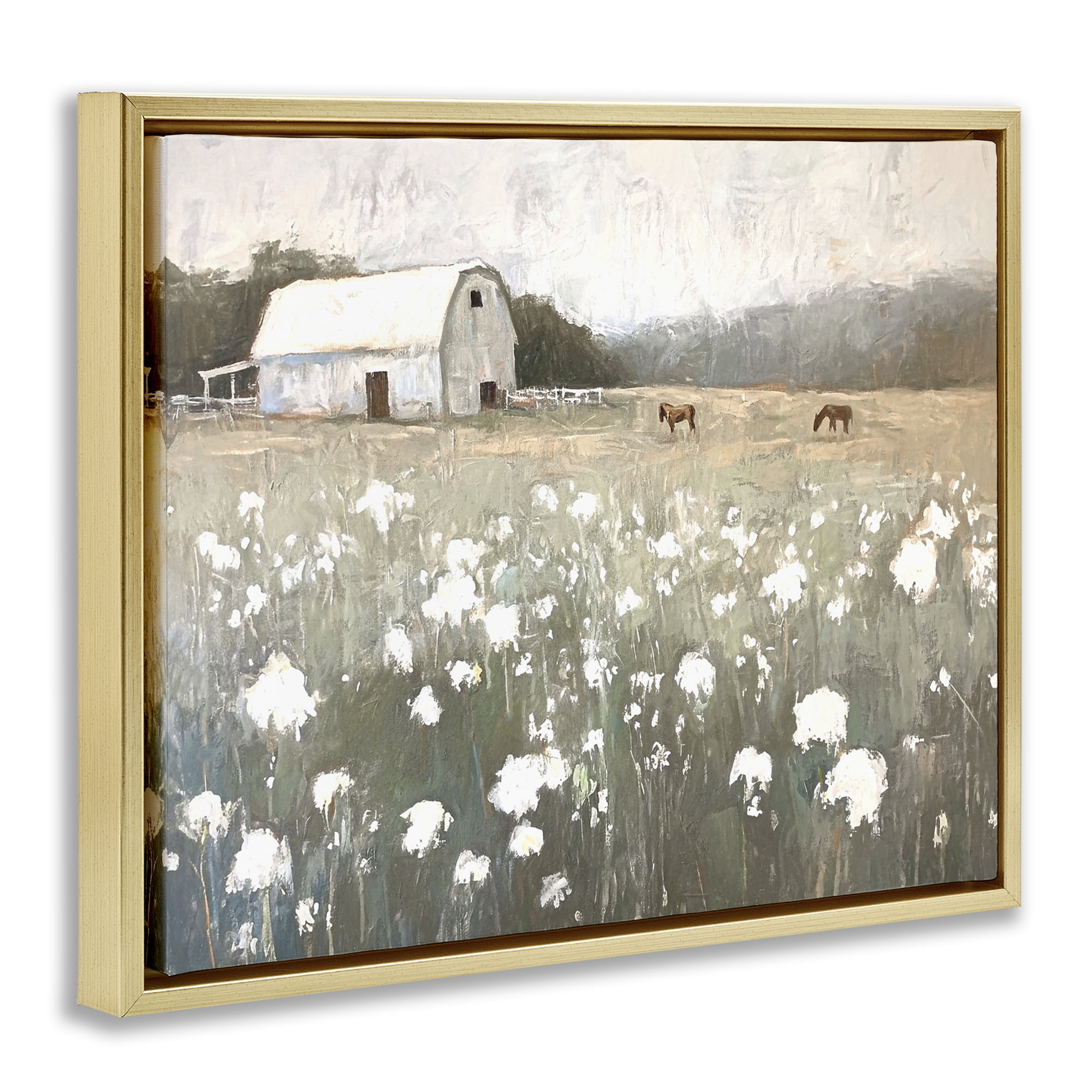 Stupell Industries Peaceful Horse Pasture Landscape Painting Gold Floater Framed Canvas Art Print Wall Art, 21 x 17