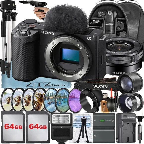 Sony ZV-E10 II Mirrorless Camera (Black) with 16-50mm Lens + 2 Pack 64GB Memory Card + Backpack + Telephoto + ZeeTech Accessory Bundle