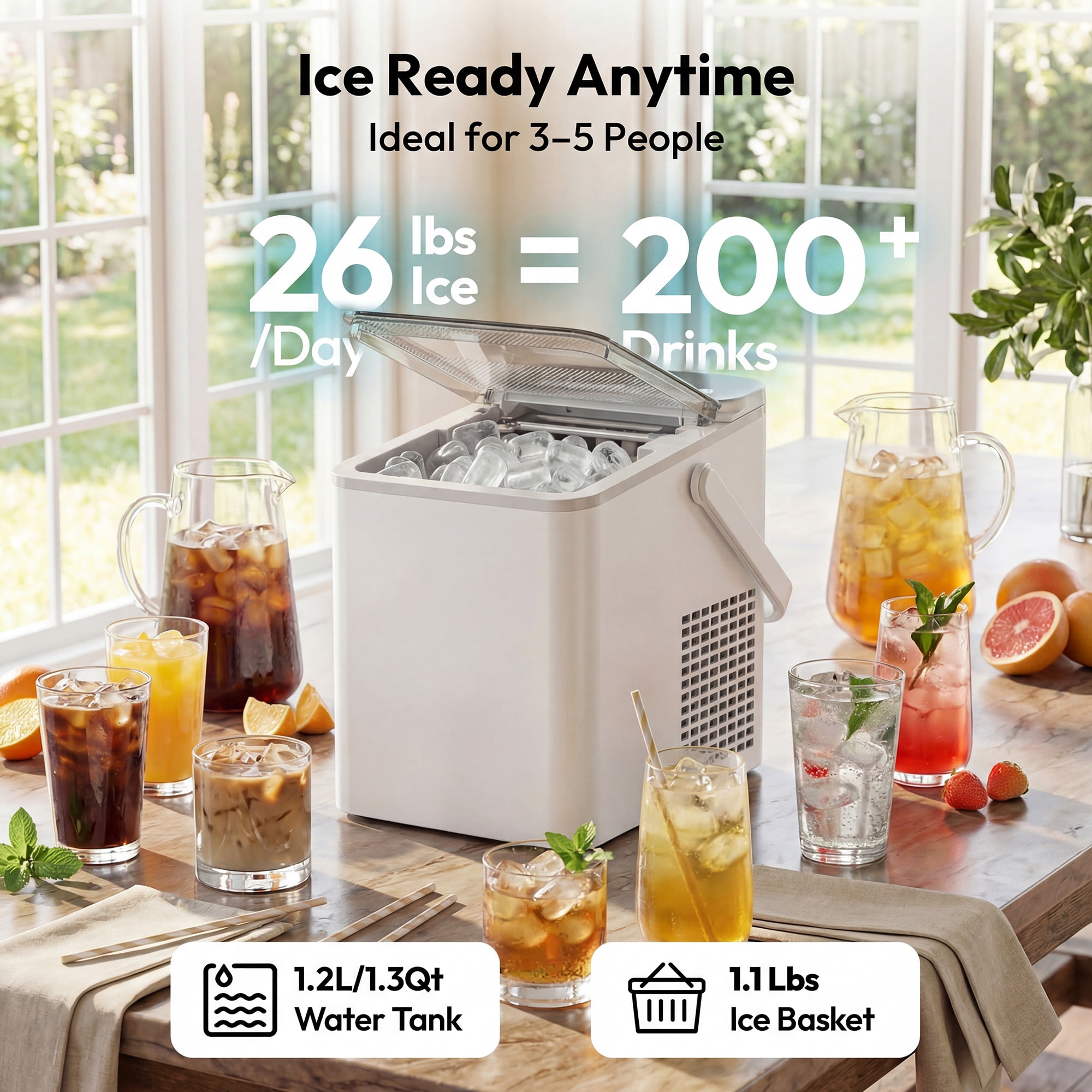 EUHOMY Countertop Ice Maker, 26 lbs/Day Portable Bullet Ice Machine, Self-Cleaning, Compact Design, White
