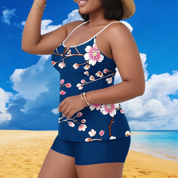 Traje de baño tankini de dos piezas para mujer, informal, de gran tamaño, de color liso, con parte superior dividida y acolchado en el pecho. Traje de baño tankini para mujer. Traje de baño de dos pie