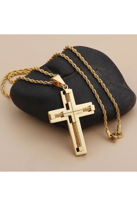 14K White Gold Wire Chain Large Biker Cross crucifix Pendant Necklace Rope Chain Men's Women Punk Fashion Gift