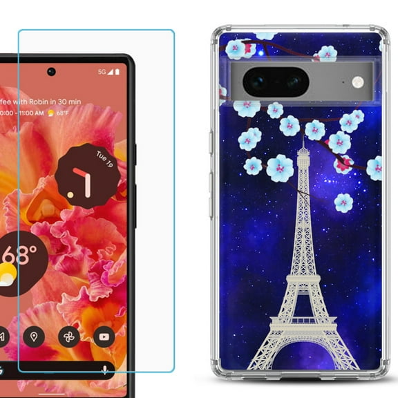 Slim-Fit Gel TPU Phone Case for Google Pixel 7, with Tempered Glass Screen Protector, by OneToughShield ® - Eiffel Tower Stars