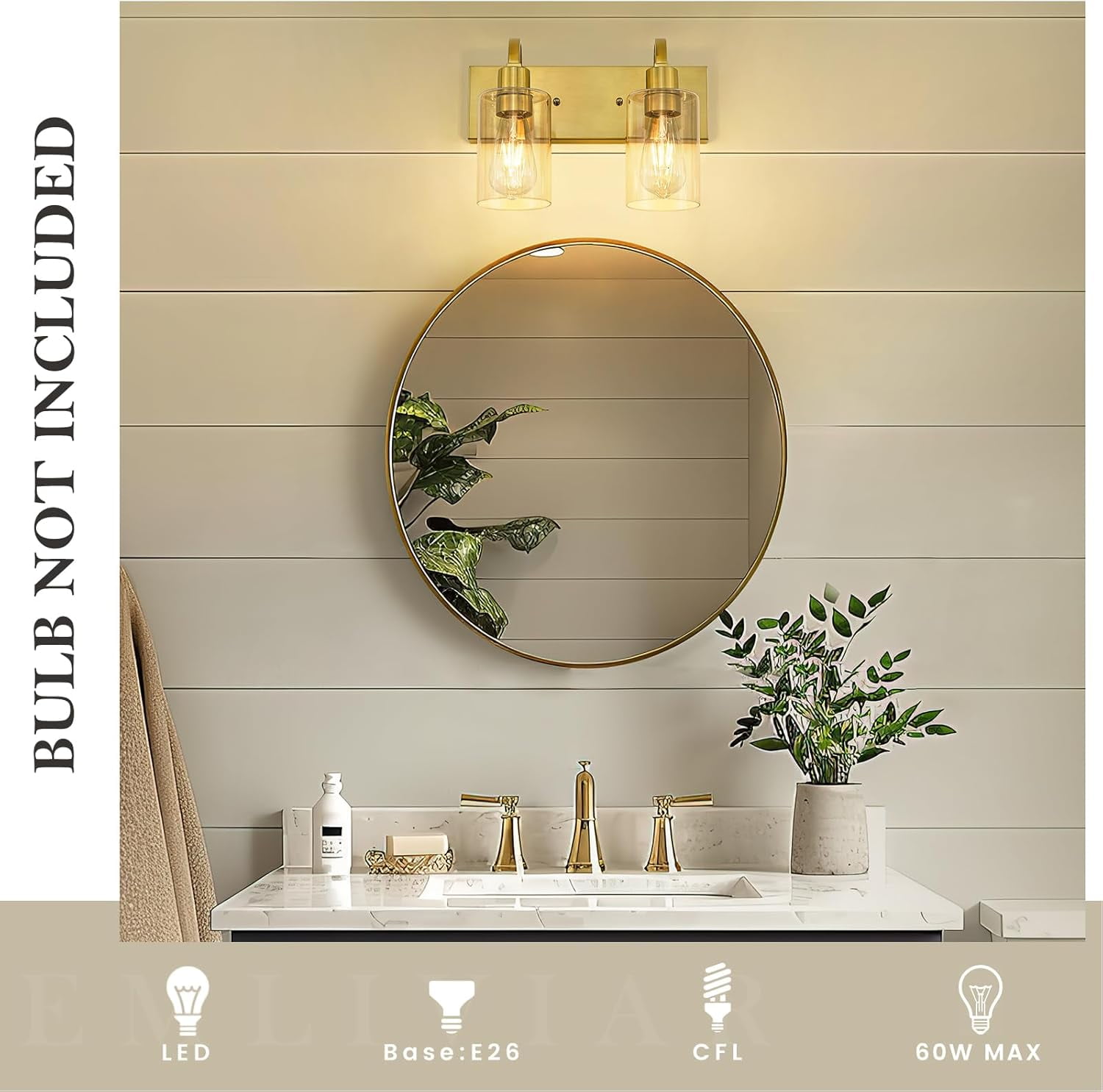 Emliviar 2 Light Brushed Gold Vanity Light, Modern Bathroom Lighting Fixture, YCE237B-2W BG