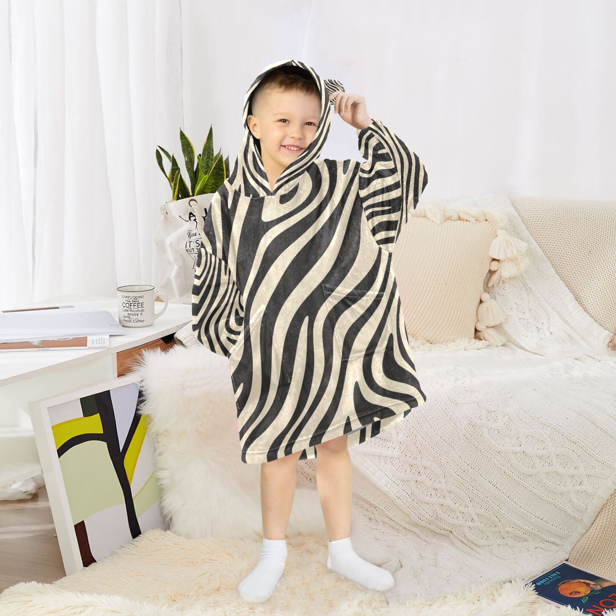 FORMRS Wearable Blanket Hoodie with Sleeves for Kids Cozy Flannel Sweatshirt, Black Lines