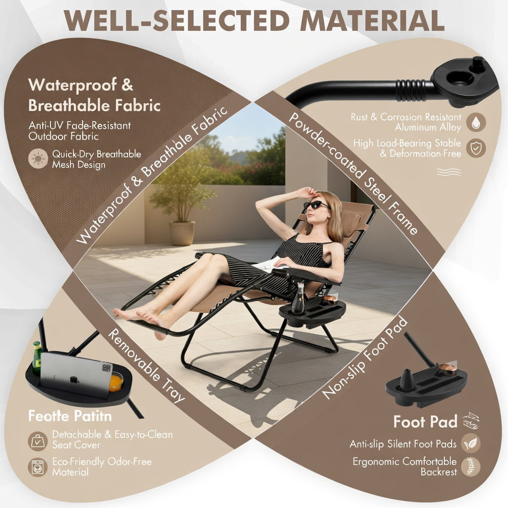 Hommoo Zero Gravity Folding Lounge Chair with Removable Tray, Outdoor Recliner for Back Relief, Beach & Patio, Beige