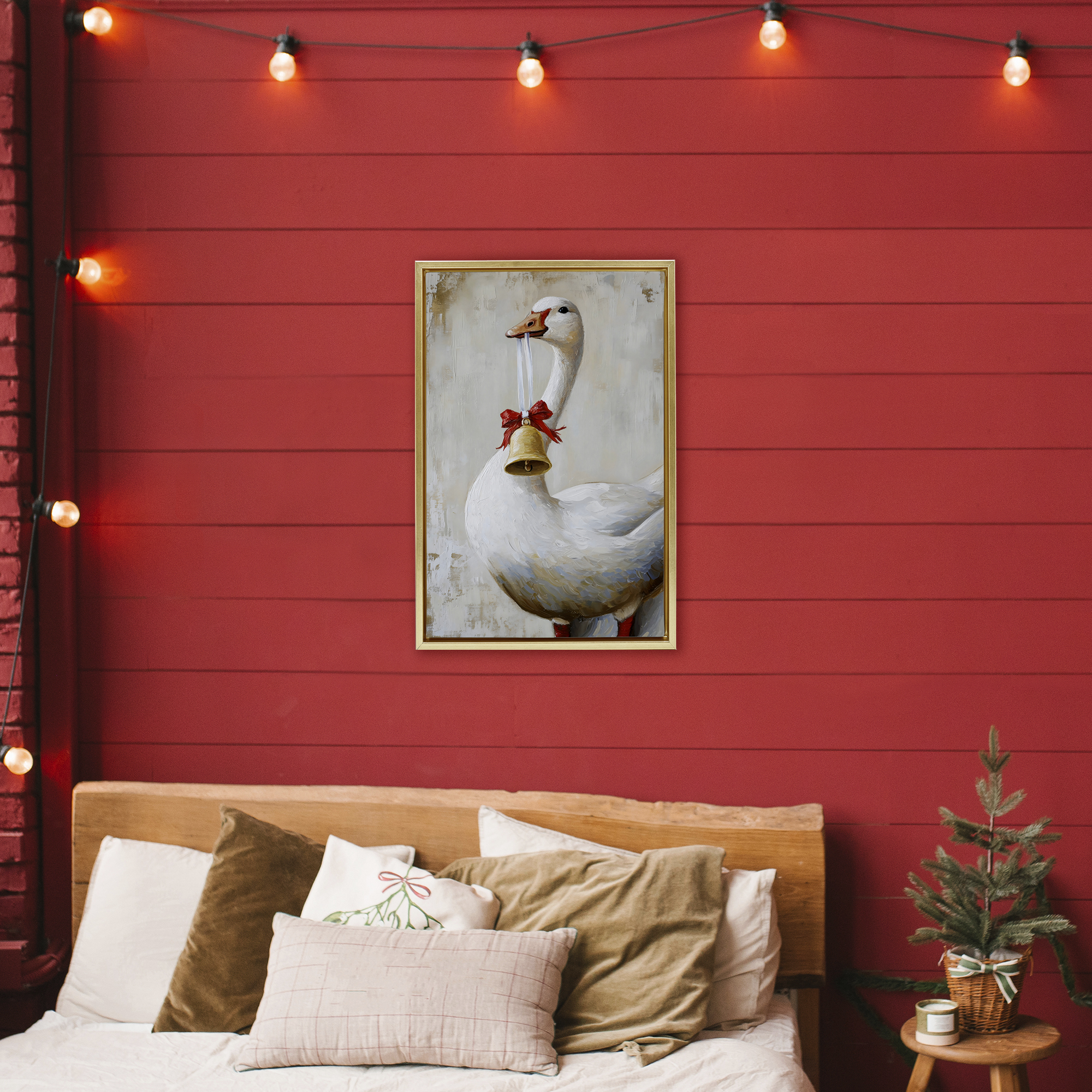 Festive Jingle Goose Gold Framed Floater Canvas Wall Art, design by Petal Prints Design