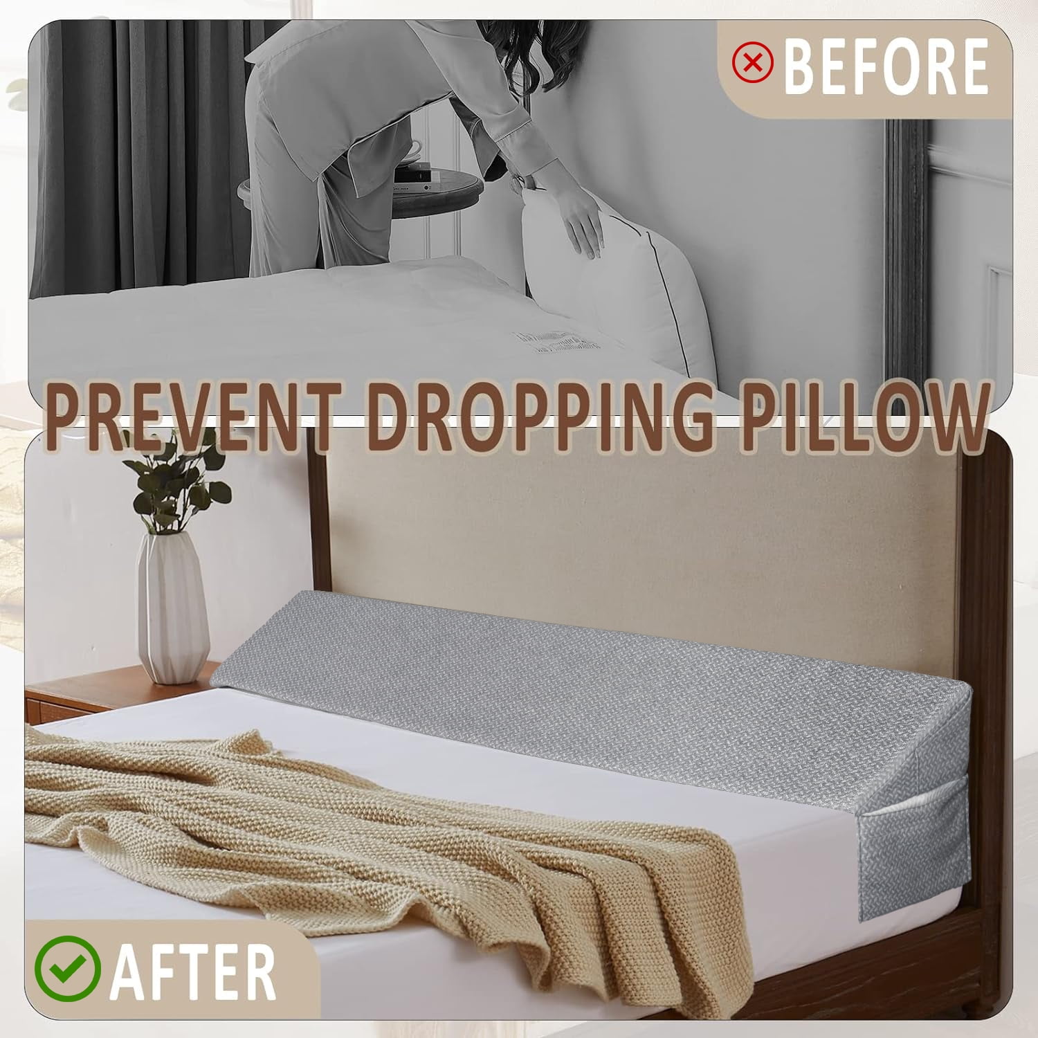 SORMAG Wedge Pillow Headboard,Bed Wedge Pillow for Headboard,Bed Mattress Gap Filler,Headboard Pillow,Pillow Wedge for Headboard Gap(0-8") Grey King Size 76"x10"x6"