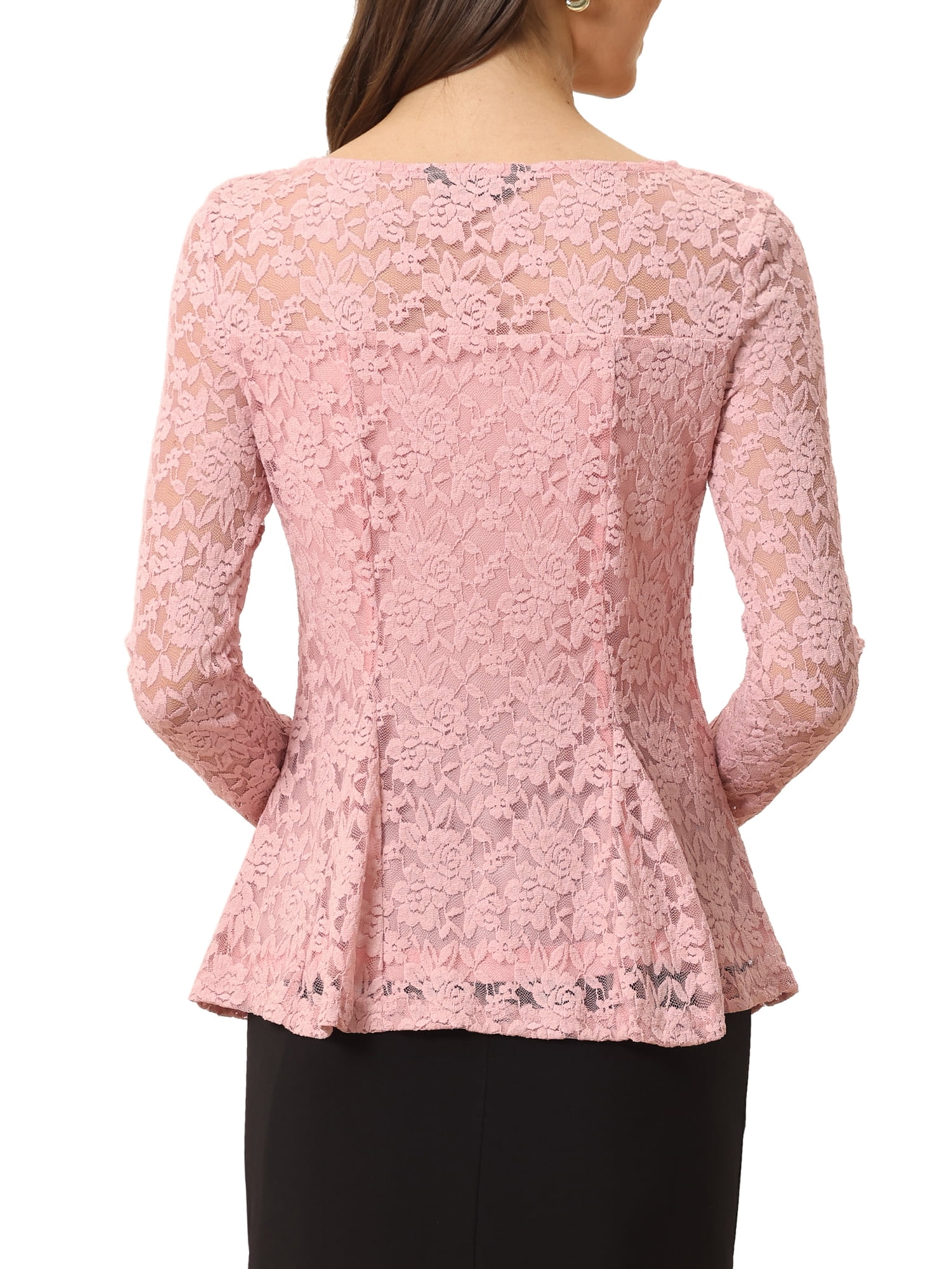 Unique Bargains Women's Lace Peplum Tops Round Neck Elegant Floral Lace Blouse S Pink