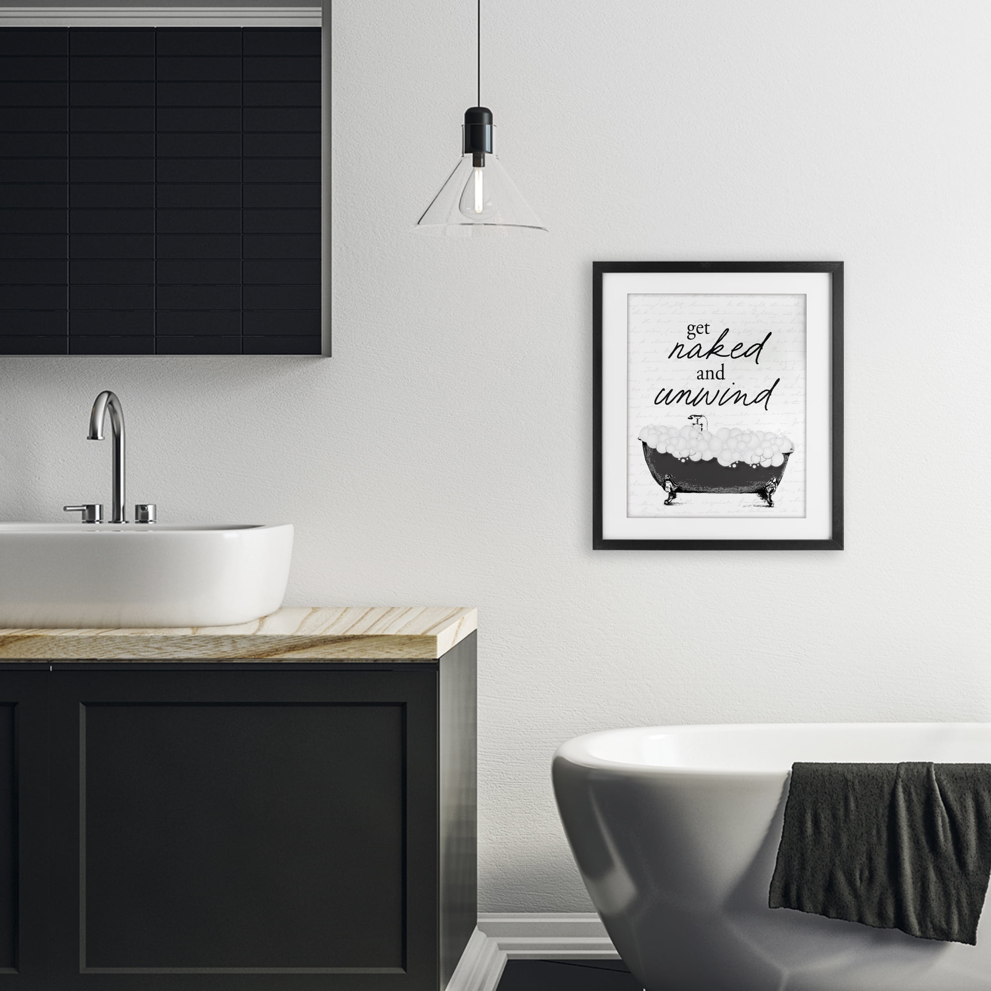 Unwind Bubble Bath Black Framed Print Under Glass, design by Lettered and Lined
