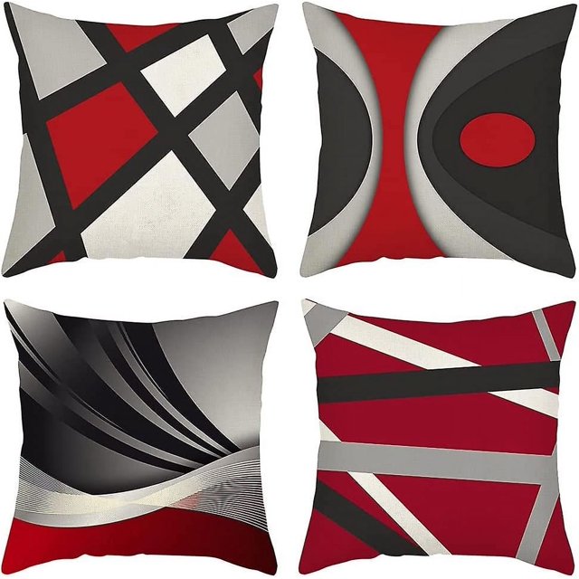 Juego de 4 fundas de cojín decorativas para sofá, dormitorio, sofá, silla, coche, cama y jardín, 45 x 45 cm (abstracto, rojo y negro)