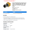 thumbnail image 2 of Exhaust Manifold Exhaust Backpressure Sensor - Compatible with 1994 - 1996 Ford F-350 7.3L V8 DFI Turbocharged Diesel 1995, 2 of 2
