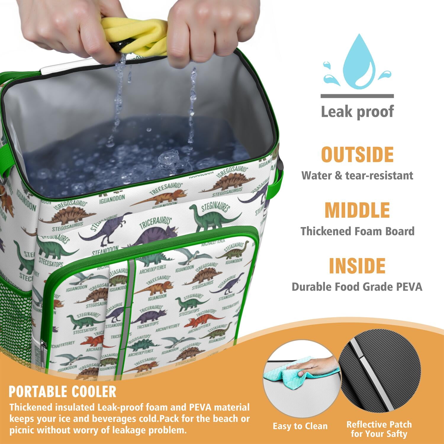 Travel Cooler Bag - White Cartoon Dinosaurs Names Pattern Camping Beer Cooler Backpack with Bottle Opener- Waterproof Insulated Picnic Backpacks - Cooler Bag for Beach