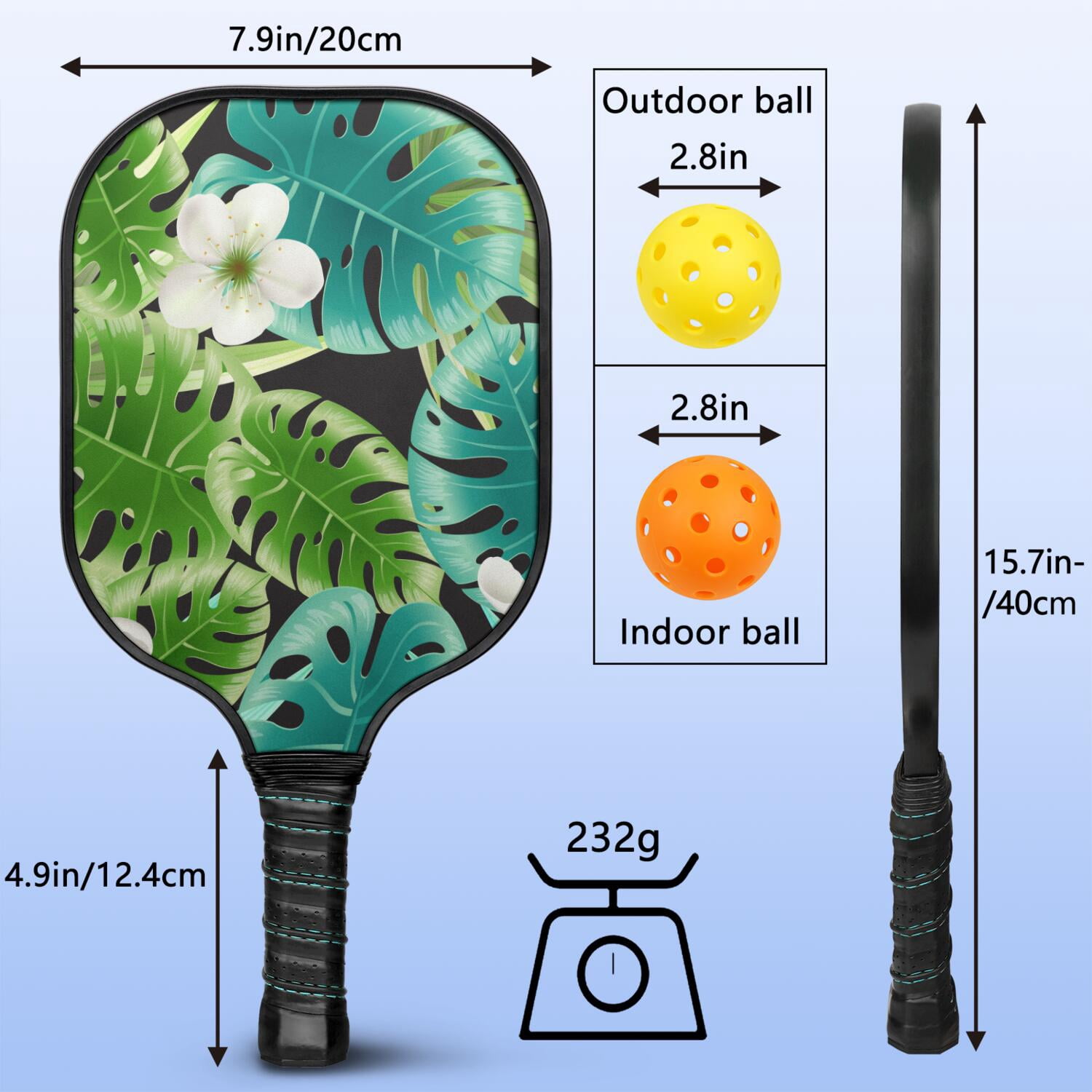 Pickleball Paddles Set Of 2, Fiberglass Surface, Tropical Jungle Print, 4 Balls & Bag