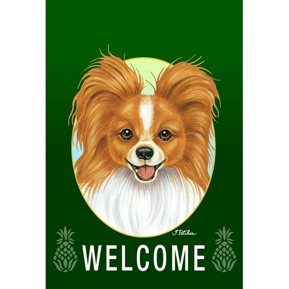 Papillion Red/White - Best of Breed Welcome Pineapples Garden Flags. Flag is 12" x 17"