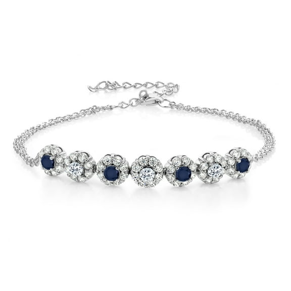 Gem Stone King 925 Sterling Silver Blue Sapphire and White Topaz Tennis Bracelet for Women (2.49 Cttw, Gemstone September Birthstone, 7 inch with 2 inch Extender)