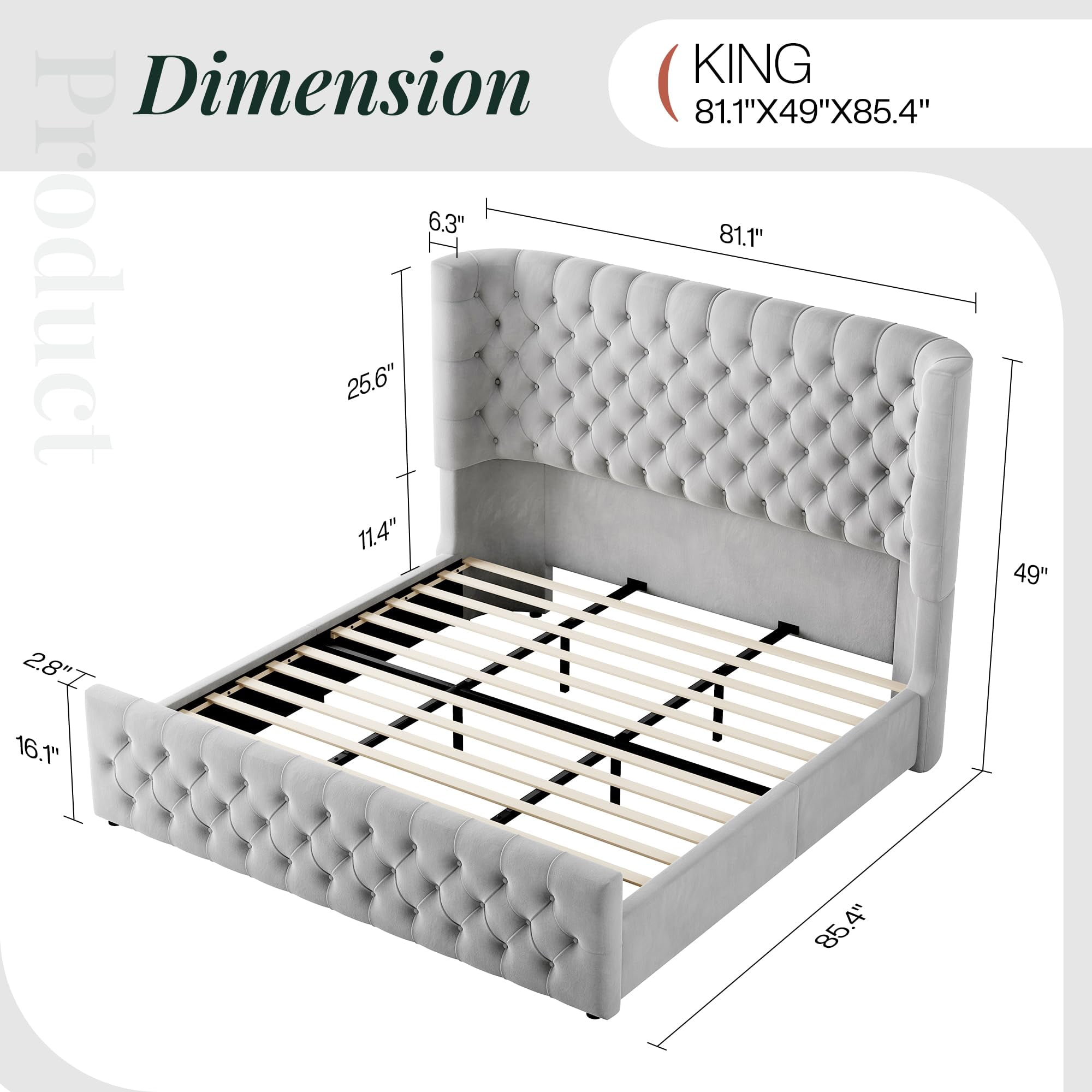 Amerlife King Bed Frame with 49” Upholstered Wingback Headboard, Noise-Free Platform Bed with Steel Frame and Slip-Resistant Edges, Light Grey