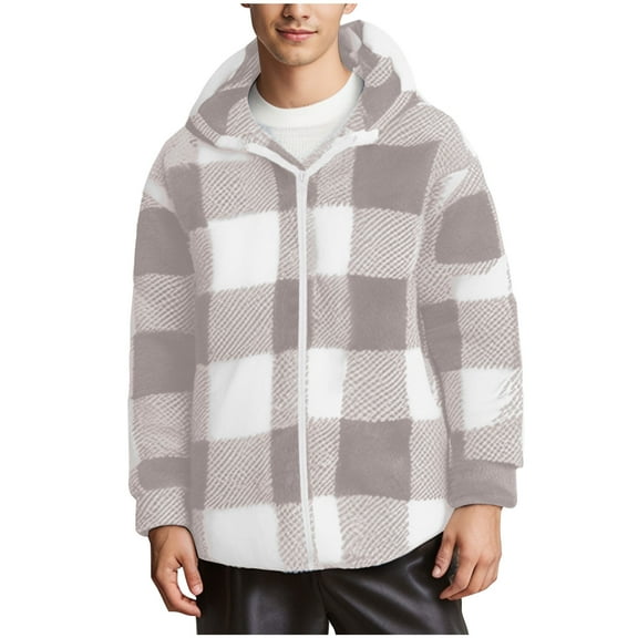 HAiming Mens Plaid Fleece Jacket Long Sleeve Zip up Hooded Coat Winter Plus Size Casual Loose Warm Outwear with Pocket