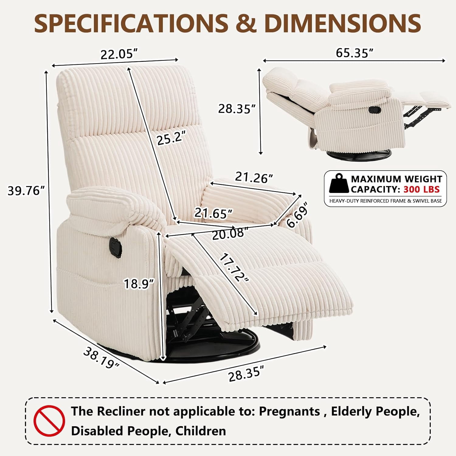 Beige Rocking Chair Nursery Recliners, Small Recliner Rocking Chair for Small Spaces, Manual Swivel Glider Recliner for Living Room Bedroom Office, Corduroy，Adjustable Backrest & Footrest (Beige)