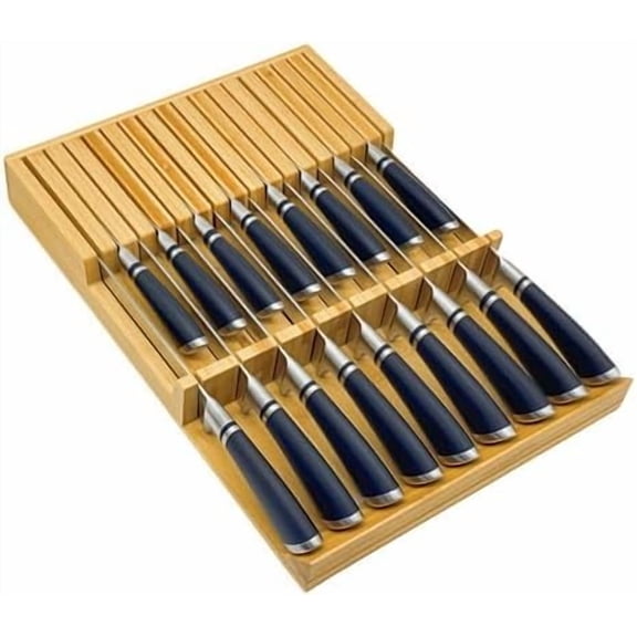 Bamboo Knife Drawer Storage Organizer Insert | 17-Slot Kitchen Knife Block with Anti-Slip Design| Space-Saving Kitchen Storage (16.6"x11.6"x2.1")$$Home Decor, Kitchen, & Other
