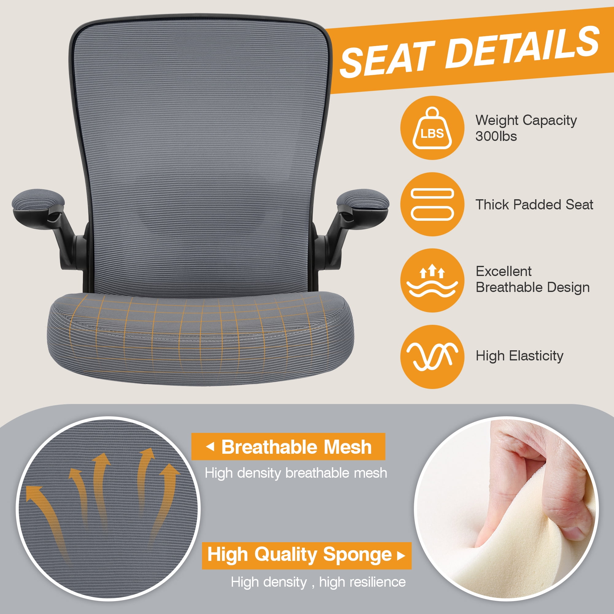 COOLHUT Home Office Chair with Flip-up Armrests for Standing Desk, Ergonomic Computer Office Desk Chair with Adjustable Foot Ring, Office Desk Chairs with Adjustab Lumbar Support, Dark Gray