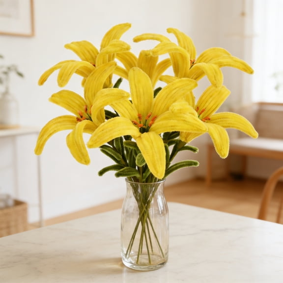 Hugtrea Finished Pipe Cleaner Flower Craft Handmade Chenille Stems Yellow Lily Flower Preserved Artificial Flower Gift for Valentine's Day Birthday
