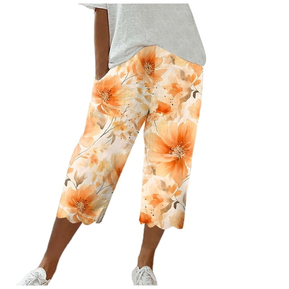 Puliio Womens Capri Pants Flower Print Elastic Waist With Pocket Trouser Soft Loose Fashion Pants
