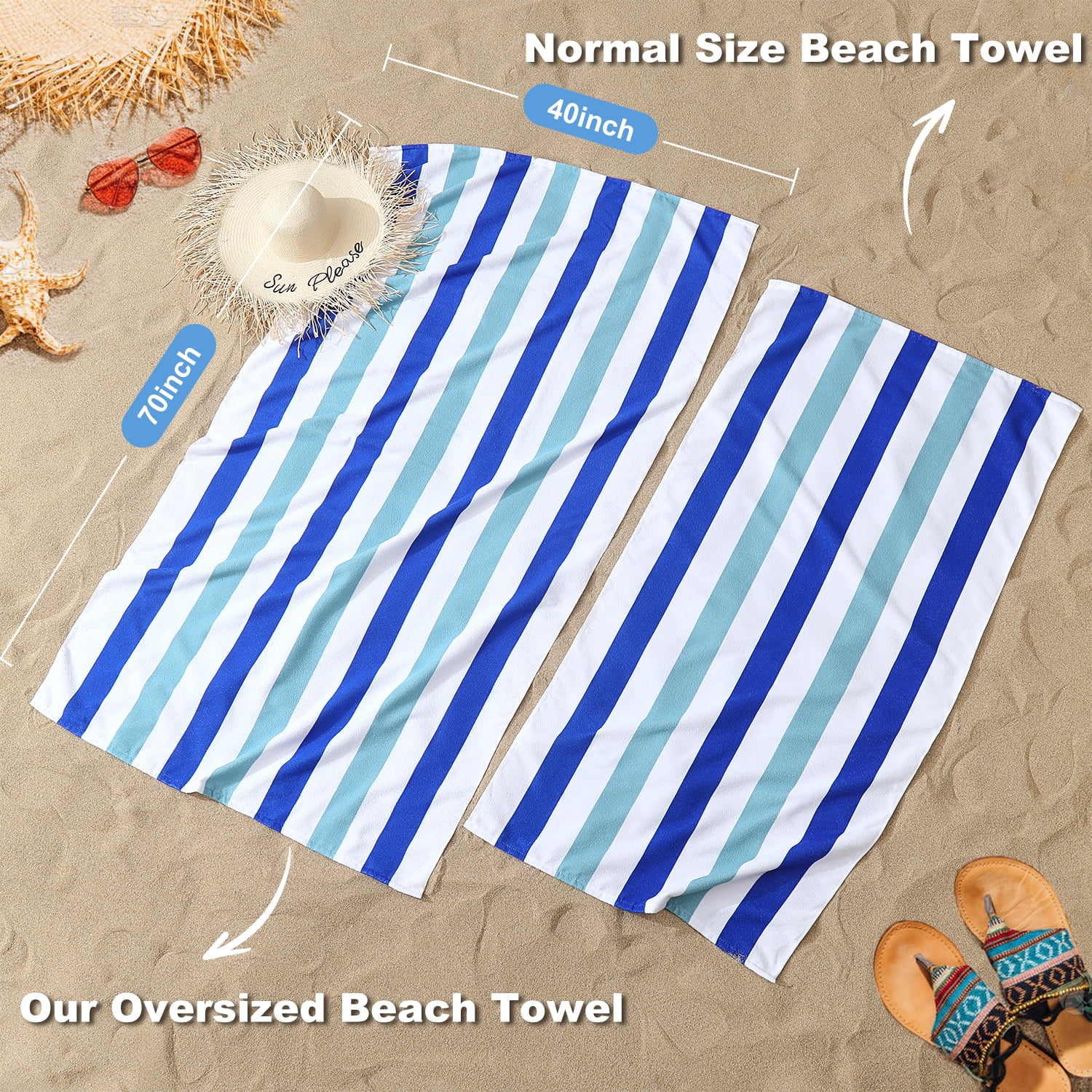 Jessy Home 4 Pack Turquoise Blue Oversized Beach Towel Set, 40"x70" Striped Beach Towels Super Absorbent Towels for Beach, Pool