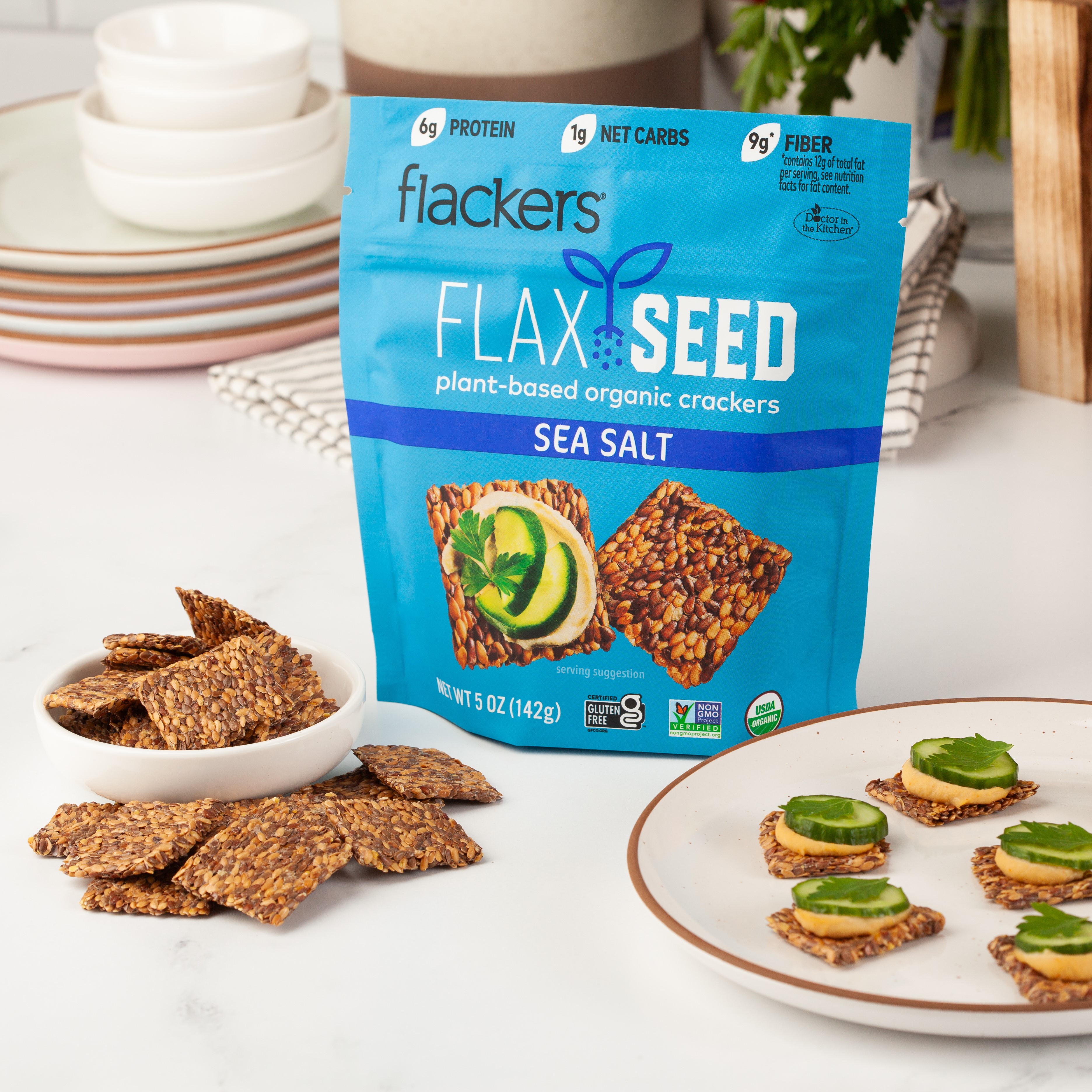 Flackers Organic Sea Salt Flaxseed Crackers, Gluten Free, Non-GMO, Vegan, Keto, 5 Ounce / 6-Pack