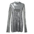 thumbnail image 5 of Womens Wedding Guest Dresses Short Sleeve Summer Cloak Style Solid Color Waist High Neck Sequin Dress Silver M, 5 of 8
