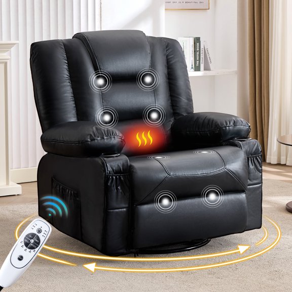 UHOMEPRO Swivel Recliner Chair for Adults, 360° Manual Swivel Rocker Recliner with Massage and Heat, 23 Inch Wide Seat, Overstuffed Armrests, Cup Holders, USB Charging Port and Storage Pockets, Black