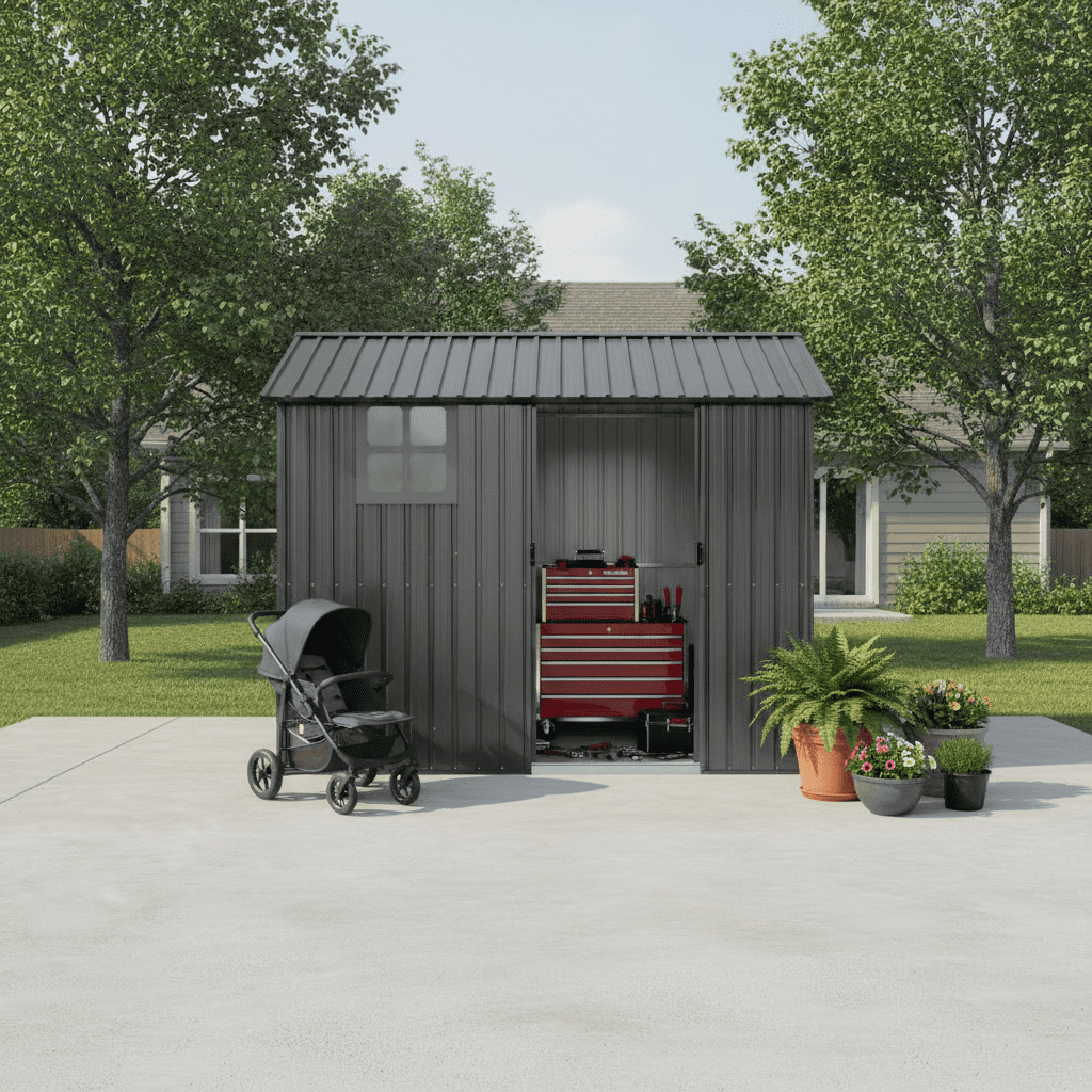 Mintazer 8×6ft Metal Outdoor Storage Shed with Lockable Sliding Doors & Window, Weatherproof Garden Tool Shed, Gray