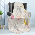 thumbnail image 4 of Feminine Soft Flannel Fleece Throw Blanket, Bunny Rabbit Sleeping Doing Laundry Picking Stars Love Cartoon Art Design, Cozy Plush for Indoor and Outdoor Use, 70" x 90", Yellow Beige, by Ambesonne, 4 of 5