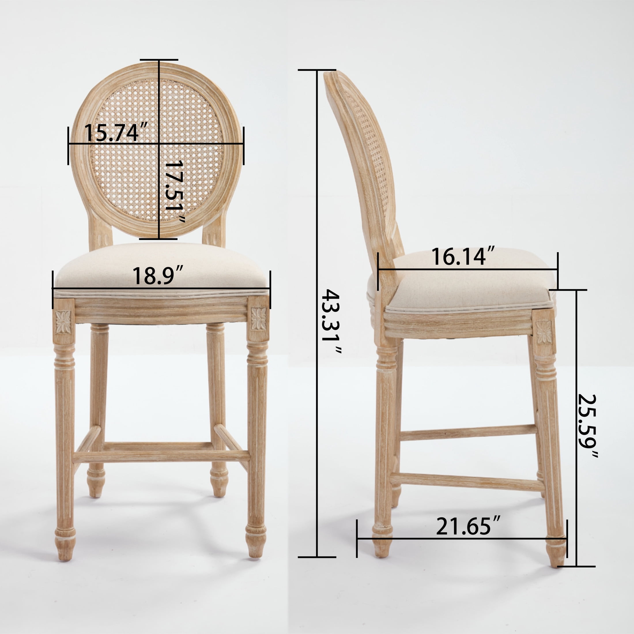 Noble House Solid Wood Kitchen Bar Stools with Cushion Seat and Rattan Back for Bar Counter, Beige & Natural, Set of 2