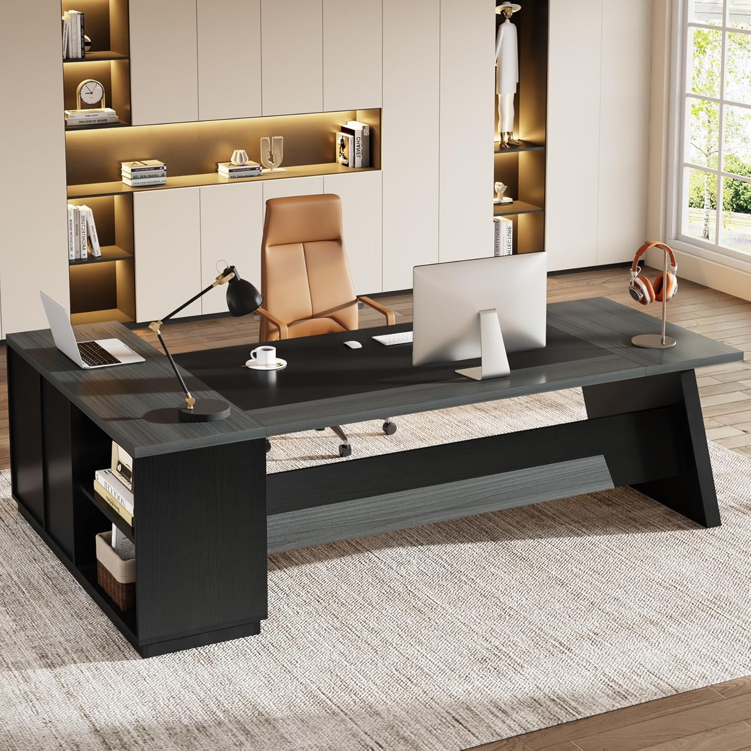 Tribesigns 78" L-Shaped Executive Desk, Large Office Desk with Drawers and Lateral File Cabinet