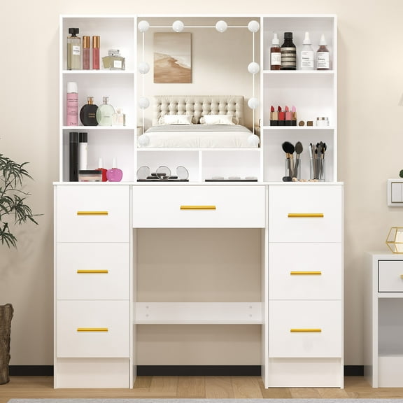 Ciumeeo Modern Makeup Vanity Set with Lights, Dressing Table with Sliding Mirror and Stool, 7 Drawers with Gold Handle, White