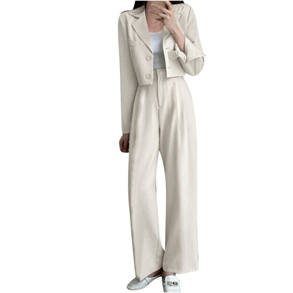 Trendy Blazer Sets for Women Outfits 2 Piece Dressy Casual Crop Suit Jacket and Wide Leg High Waist Pants S-3XL (X-Large, White)