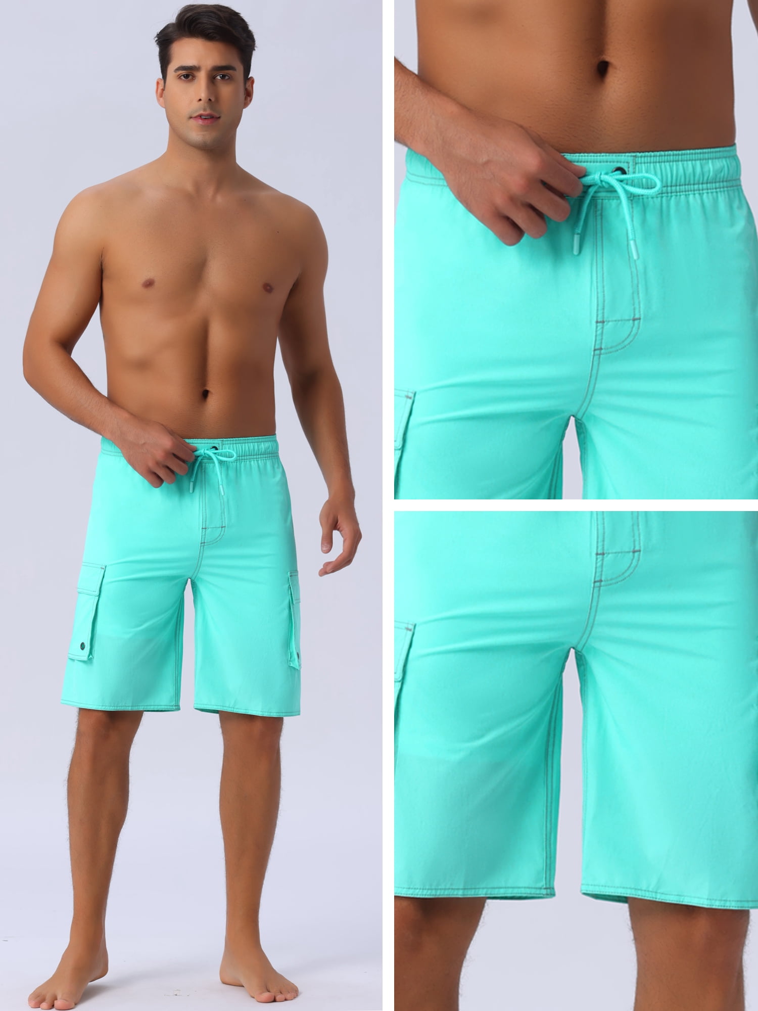 DARING DIVA Men's Solid Color Side Pockets Lining Summer Board Shorts 32 Light Green