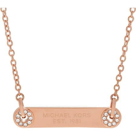 Michael Kors Women's Crystal Rose Gold-Tone Stainless Steel Plaque Logo Pendant Fashion Necklace, 20