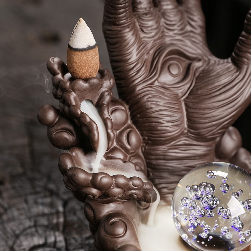 Buddha Hand Series Backflow Incense Burner Skull Incense Waterfall Holder Smoke Indoor Creative LED Ceramic Incense Cone Incense Burner Decoration Incense Burner Ornamen for Home Office Yoga Temple