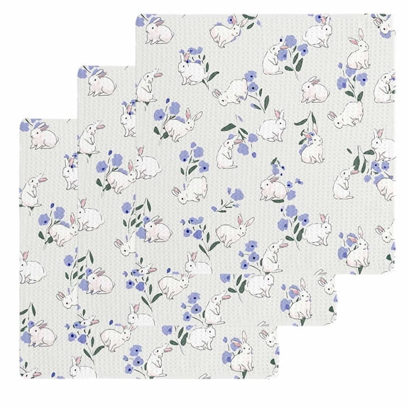 Easter Bunny Kitchen Dish Towels for Drying Dishes Set of 3, Spring Purple Flower Rustic Rabbit Farmhouse Waffle Weave Microfiber Hand Tea Bathroom Towels Quick Dry & Absorbent Towel 12x12