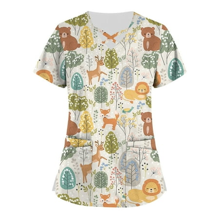 

QWANG Plus Size Cute Printed Scrub Working Uniform Tops For Women Cross V-Neck Short Sleeve Fun T-Shirts Workwear Tee With Pockets